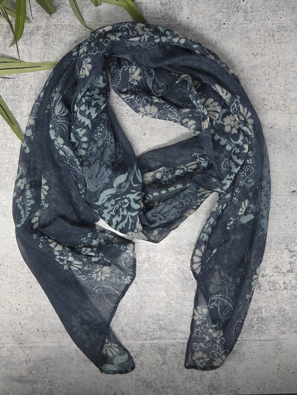 Dark Navy Blue Floral Print Long Scarf Western Boho Denim-Look Casual Everyday